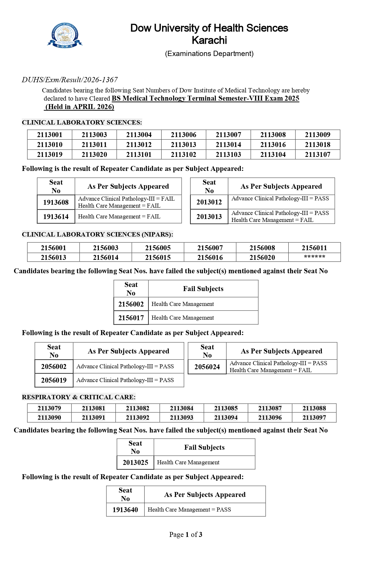 DUHS Result 2026 Announced for BSMT Terminal Semester VIII Exams