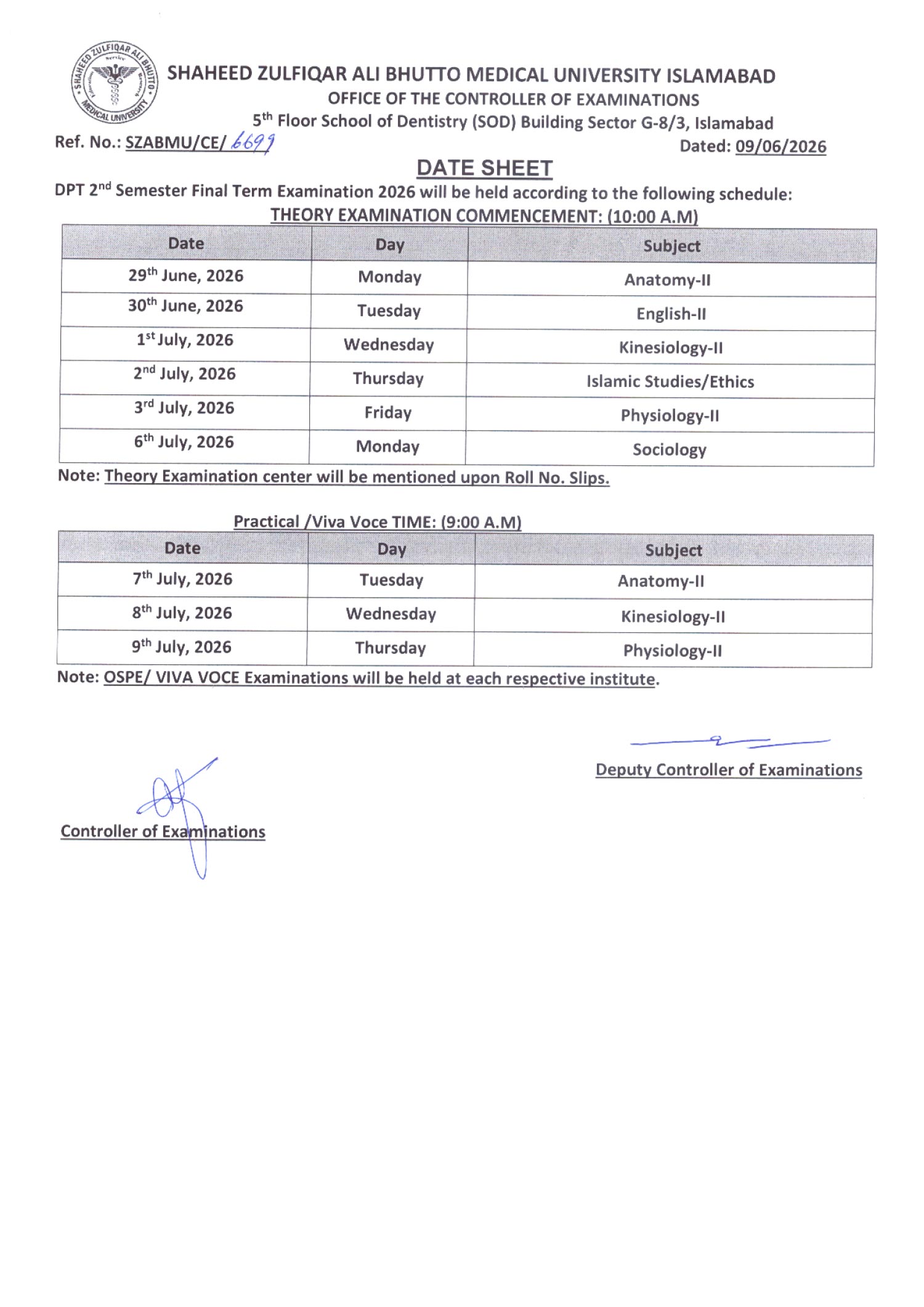 SZABMU Date Sheet 2026 Released for DPT 2nd Sem Final Term Exams SZABMU Date Sheet 2026 Released for DPT 2nd Sem Final Term Exams