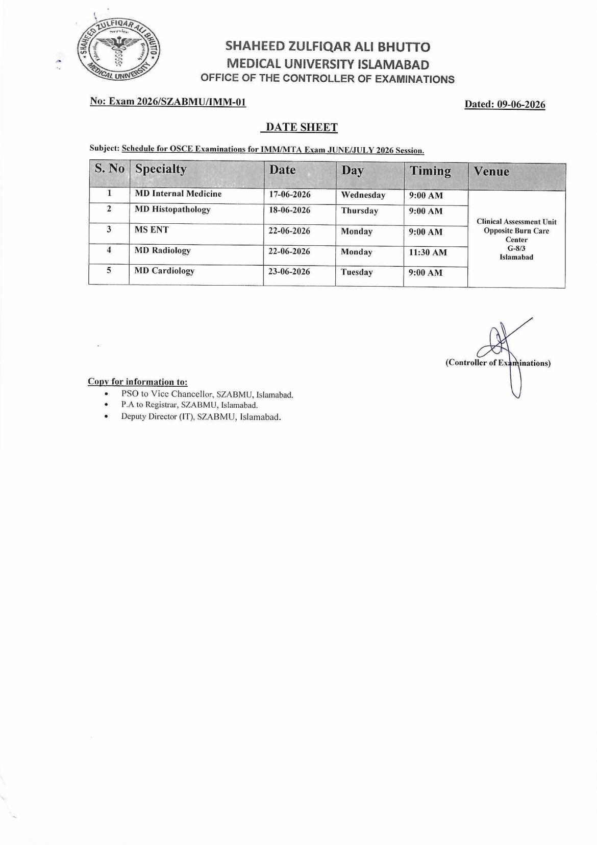 SZABMU Date Sheet 2026 Released for OSCE IMM and MTA Exams SZABMU Date Sheet 2026 Released for OSCE IMM and MTA Exams