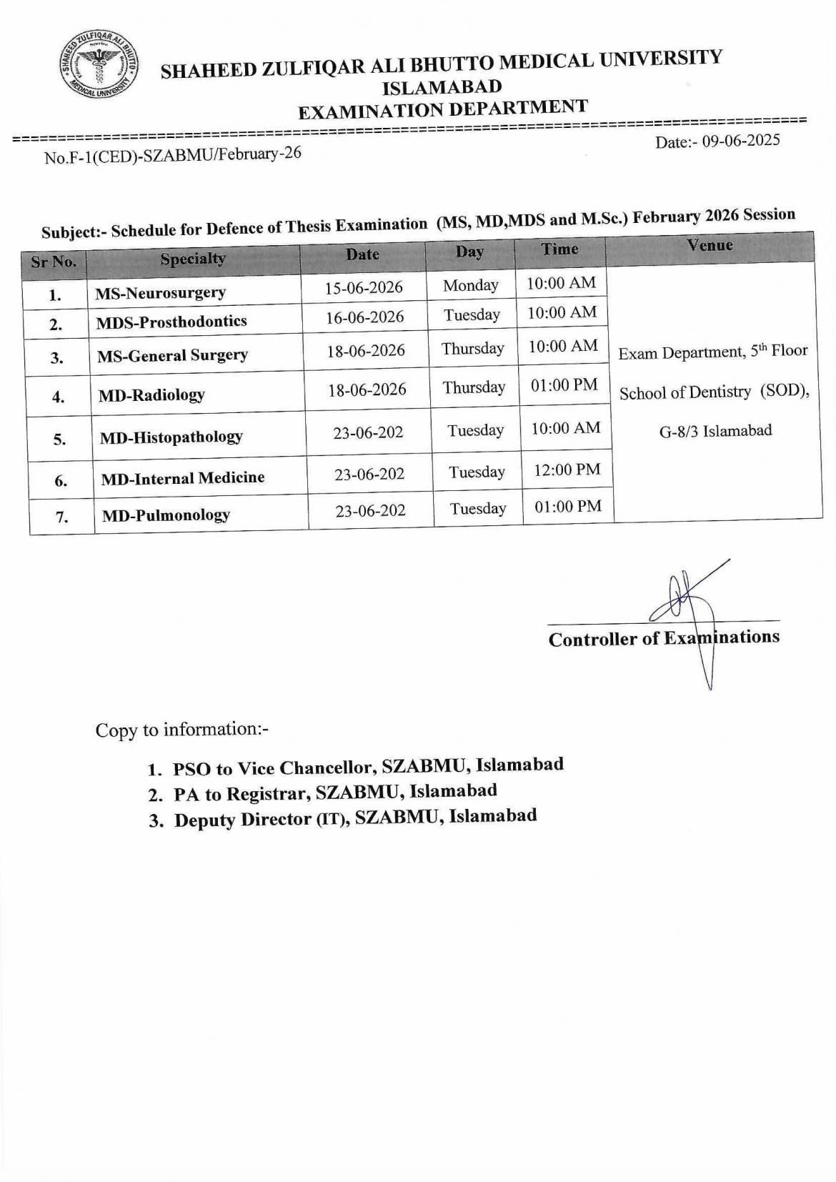 SZABMU Date Sheet 2026 Released for MS MD MDS and MSc Thesis Defence Exams SZABMU Date Sheet 2026 Released for MS MD MDS and MSc Thesis Defence Exams
