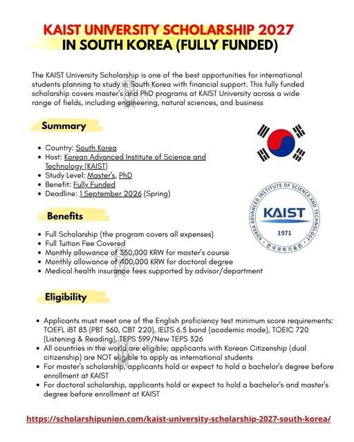 KAIST University Scholarship 2027 South Korea Open KAIST University Scholarship 2027 South Korea Open