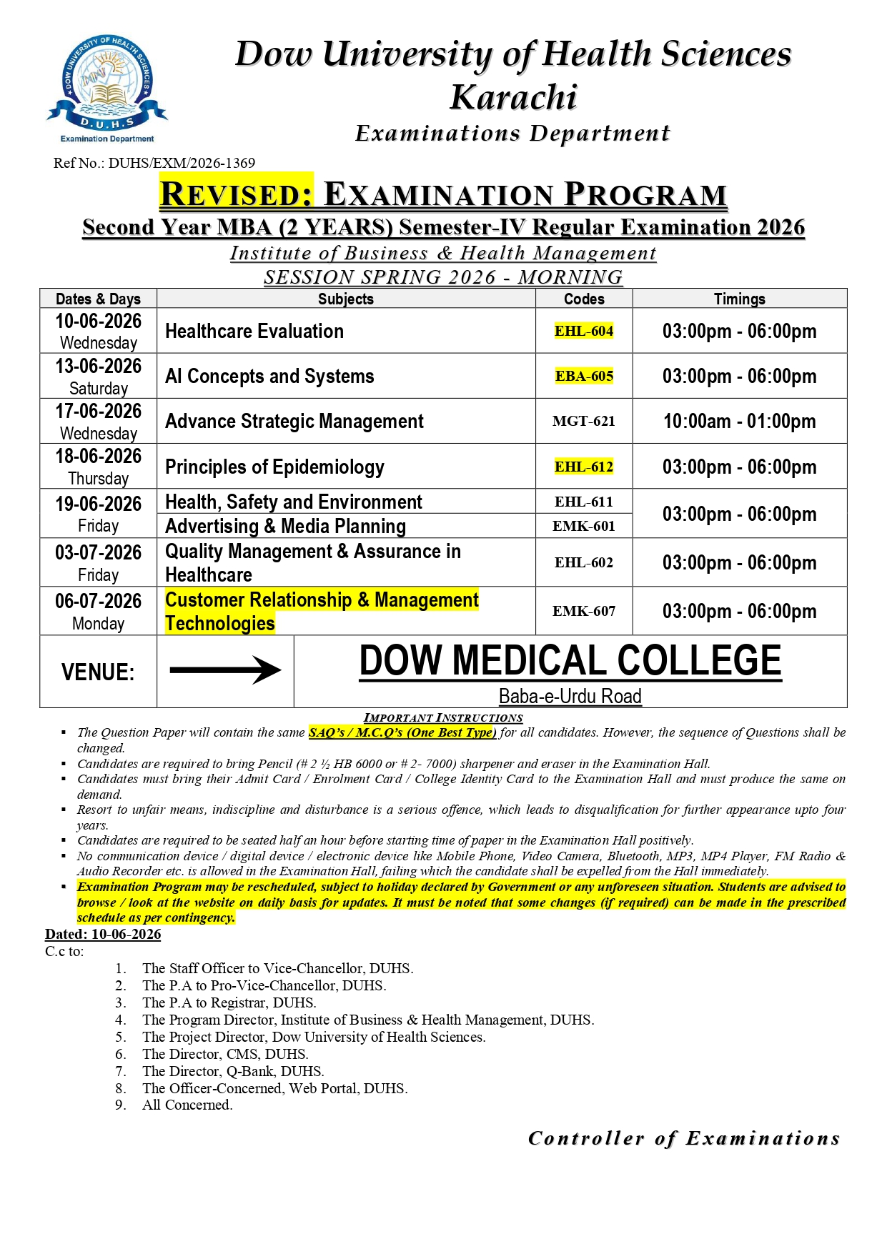 DUHS Revised Date Sheet for 2nd Year MBA 2 Years Sem IV Regular Exam 2026 Issued DUHS Revised Date Sheet for 2nd Year MBA 2 Years Sem IV Regular Exam 2026 Issued