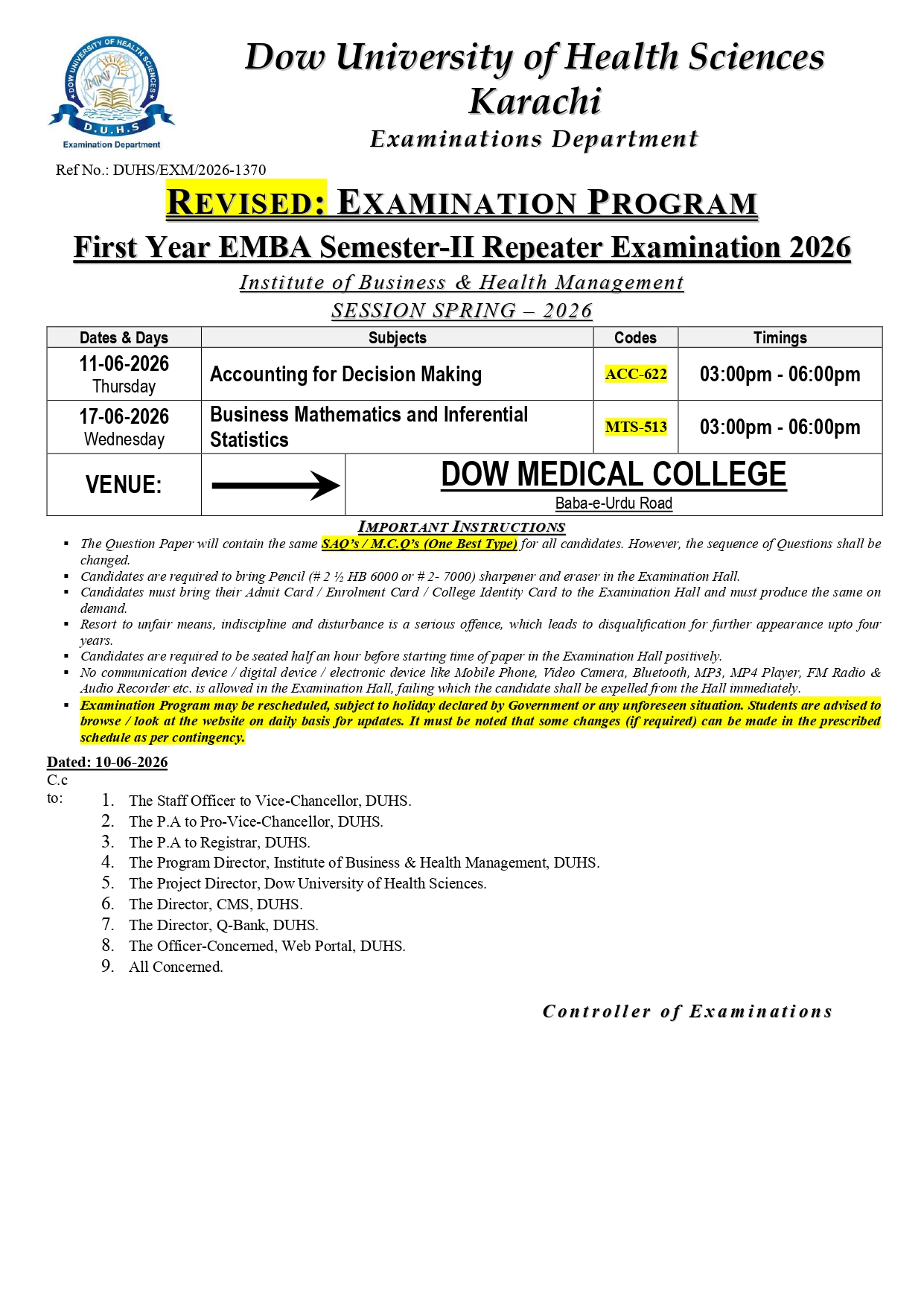 DUHS 1st Year EMBA Sem II Repeater Exam Date Sheet 2026 Announced DUHS 1st Year EMBA Sem II Repeater Exam Date Sheet 2026 Announced