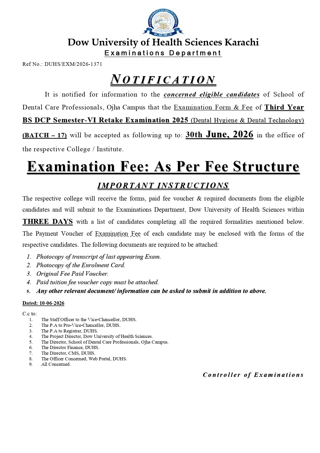 DUHS BSDCP Sem VI Retake Exams Fee Notice 2026 Announced DUHS BSDCP Sem VI Retake Exams Fee Notice 2026 Announced