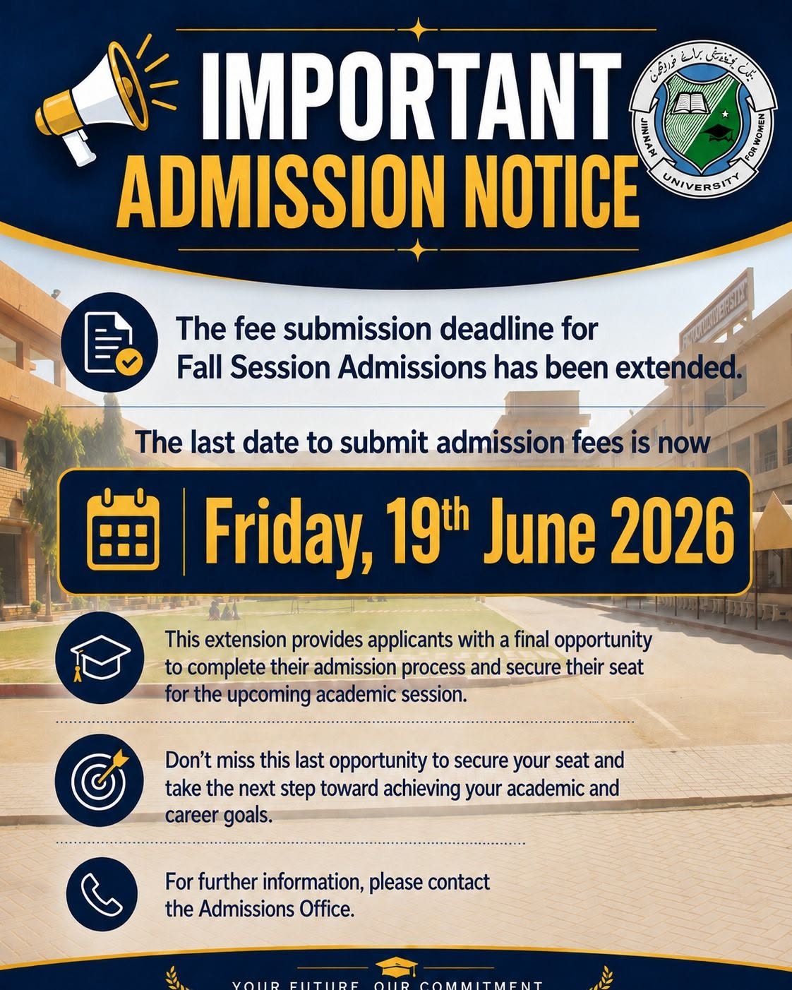 JUW Admissions Fee Submission Deadline Notice 2026 Announced