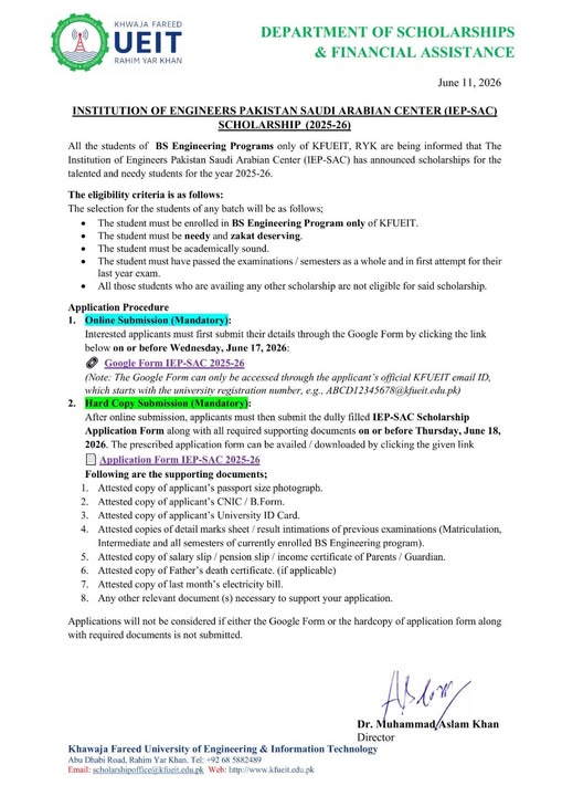 KFUEIT IEPSAC Scholarships 2026 for BS Engineering Students Open KFUEIT IEPSAC Scholarships 2026 for BS Engineering Students Open