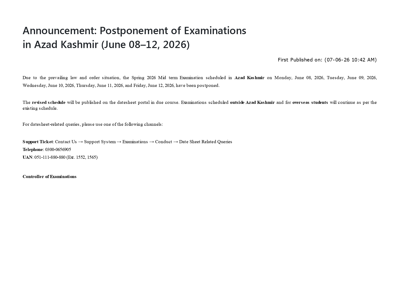 VU AJK Exam Postponement Notice 2026 Released VU AJK Exam Postponement Notice 2026 Released