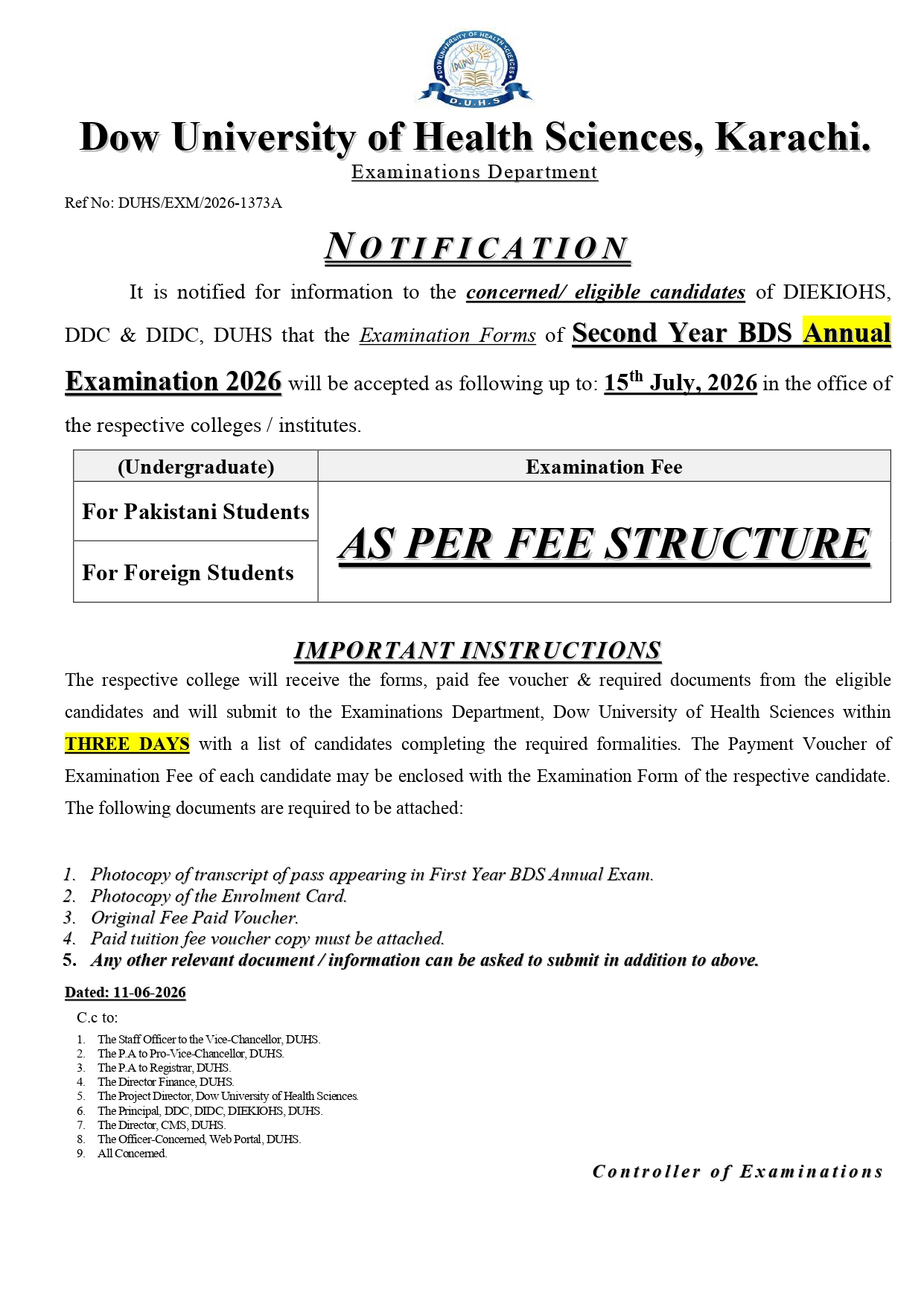 DUHS Third Year BDS Annual Exam 2026 Form Notice Released DUHS Third Year BDS Annual Exam 2026 Form Notice Released