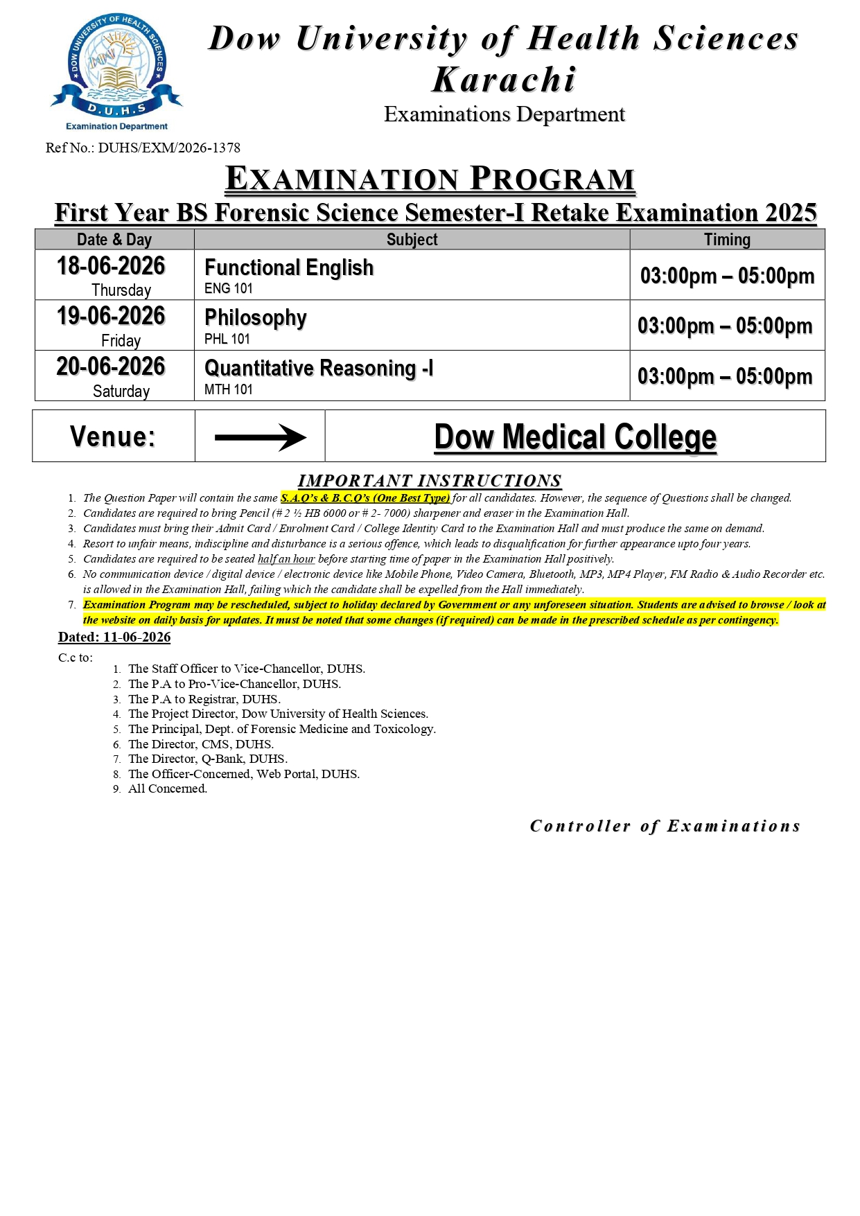 DUHS BSFS Semester-I Retake Exam Date Sheet 2026 Unveiled DUHS BSFS Semester-I Retake Exam Date Sheet 2026 Unveiled
