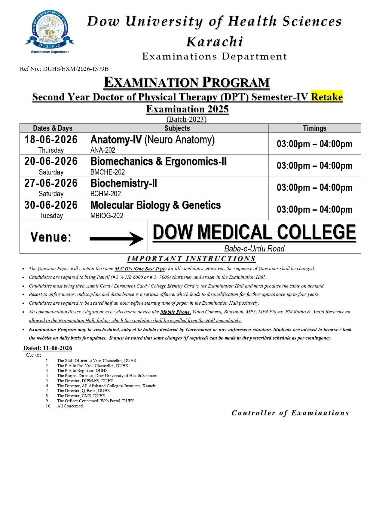 DUHS Issues DPT Semester III and IV Retake Date Sheet 2026 DUHS Issues DPT Semester III and IV Retake Date Sheet 2026