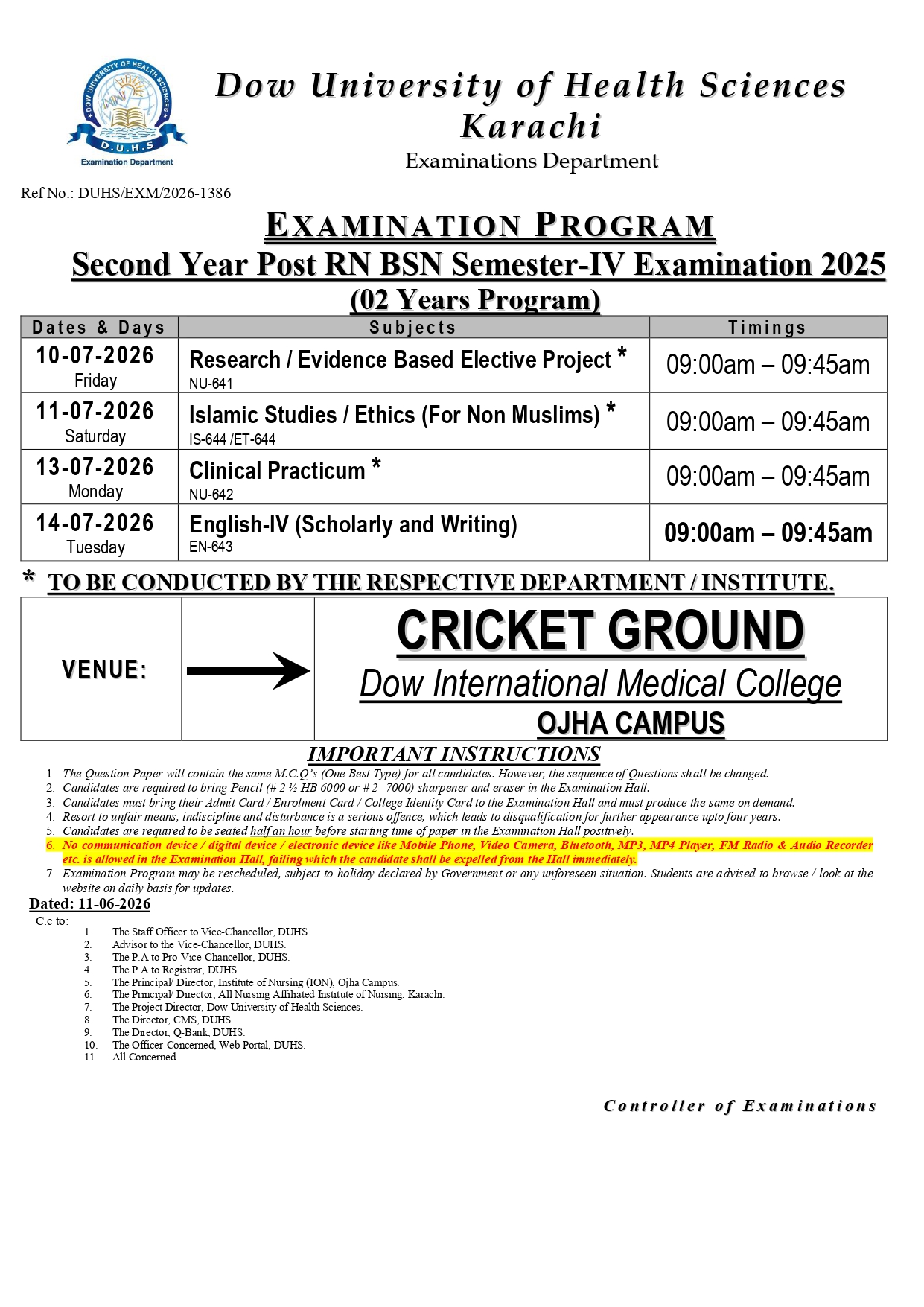 DUHS Declares Date Sheet 2026 for Post RN BSN Semester IV Exams DUHS Declares Date Sheet 2026 for Post RN BSN Semester IV Exams
