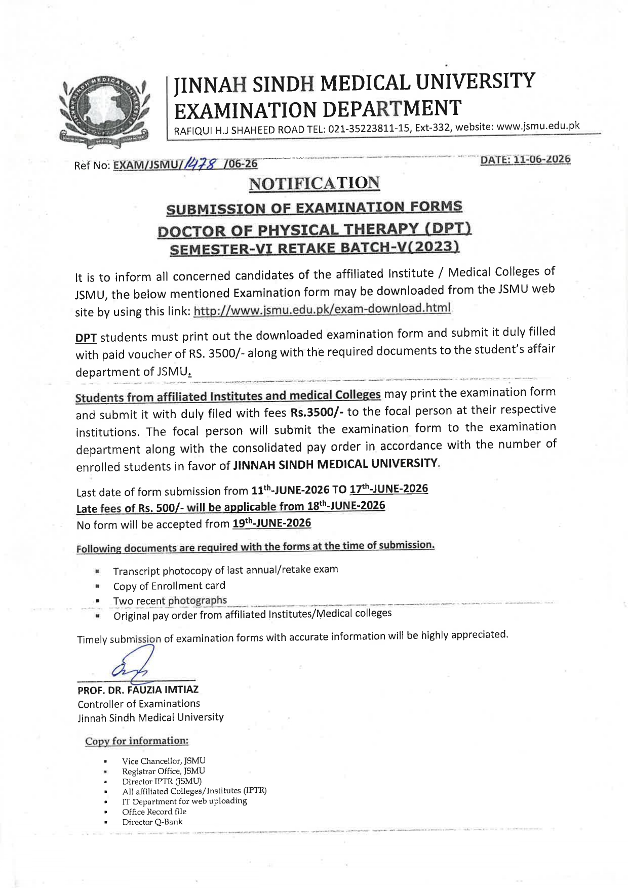 JSMU Exam Form Submission Notice 2026 for DPT Students Published JSMU Exam Form Submission Notice 2026 for DPT Students Published