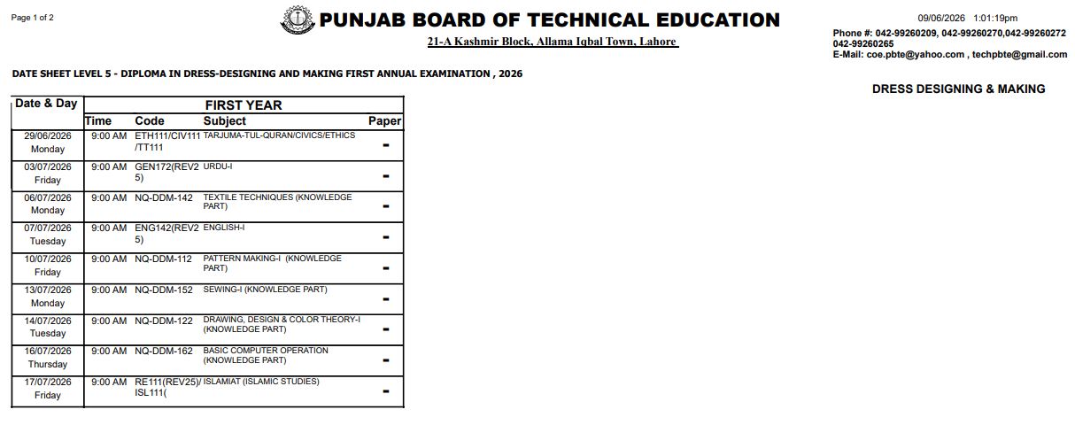PBTE DDM Level 5 Date Sheet 2026 Released