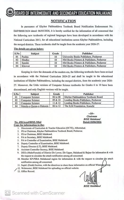 BISE Malakand Revisions for Textbooks Enforced 2026 BISE Malakand Revisions for Textbooks Enforced 2026