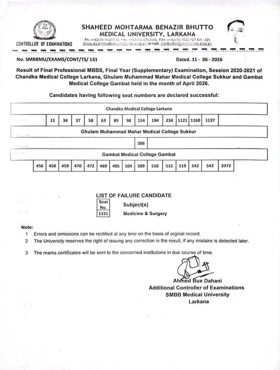 SMBBMU Result 2026 Announced for MBBS Final Year Supplementary Exam