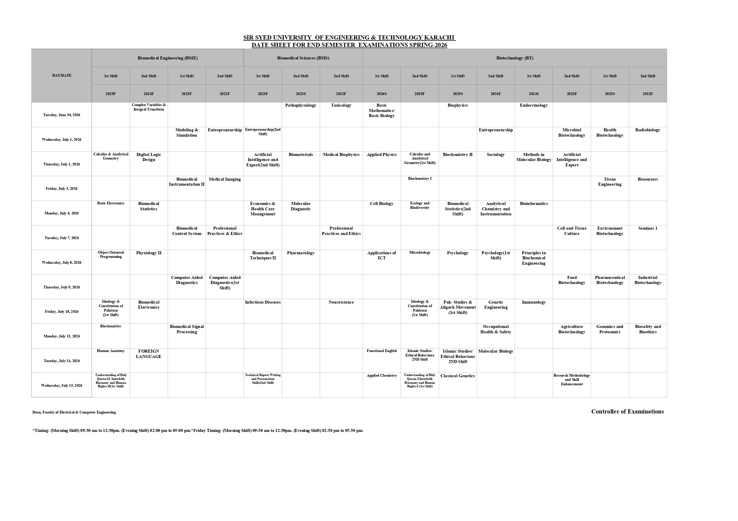 SSUET End Sem Exams 2026 Date Sheet Issued SSUET End Sem Exams 2026 Date Sheet Issued