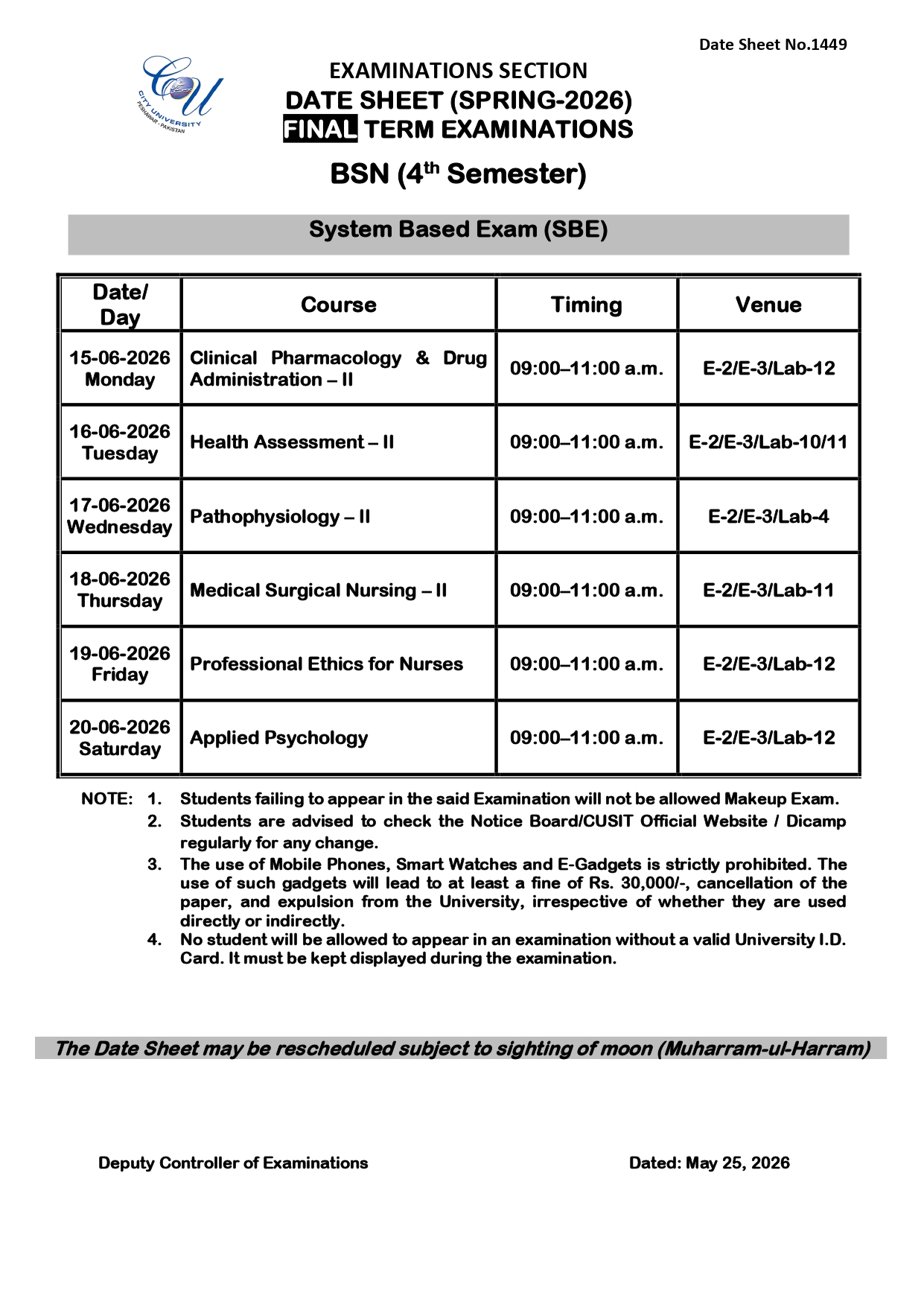 CUSIT BSN 4th Semester Final Term Exams Date Sheet 2026 Announced CUSIT BSN 4th Semester Final Term Exams Date Sheet 2026 Announced
