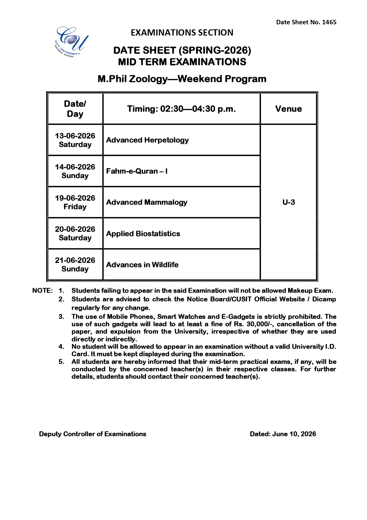 CUSIT MPhil Zoology Mid Term Date Sheet 2026 Released CUSIT MPhil Zoology Mid Term Date Sheet 2026 Released