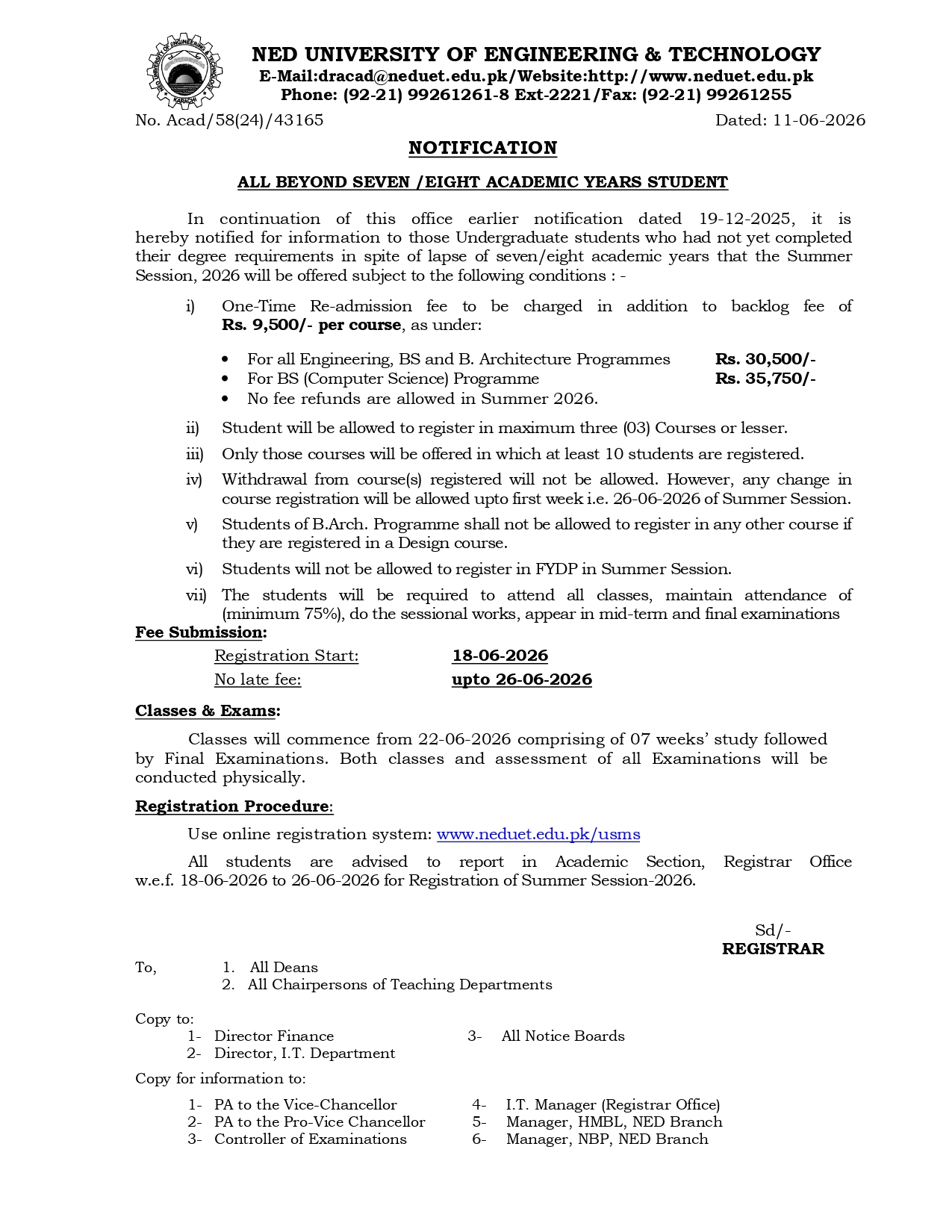 NEDUET Summer Registration Notice for Students Beyond 7/8 Academic Year 2026 Out