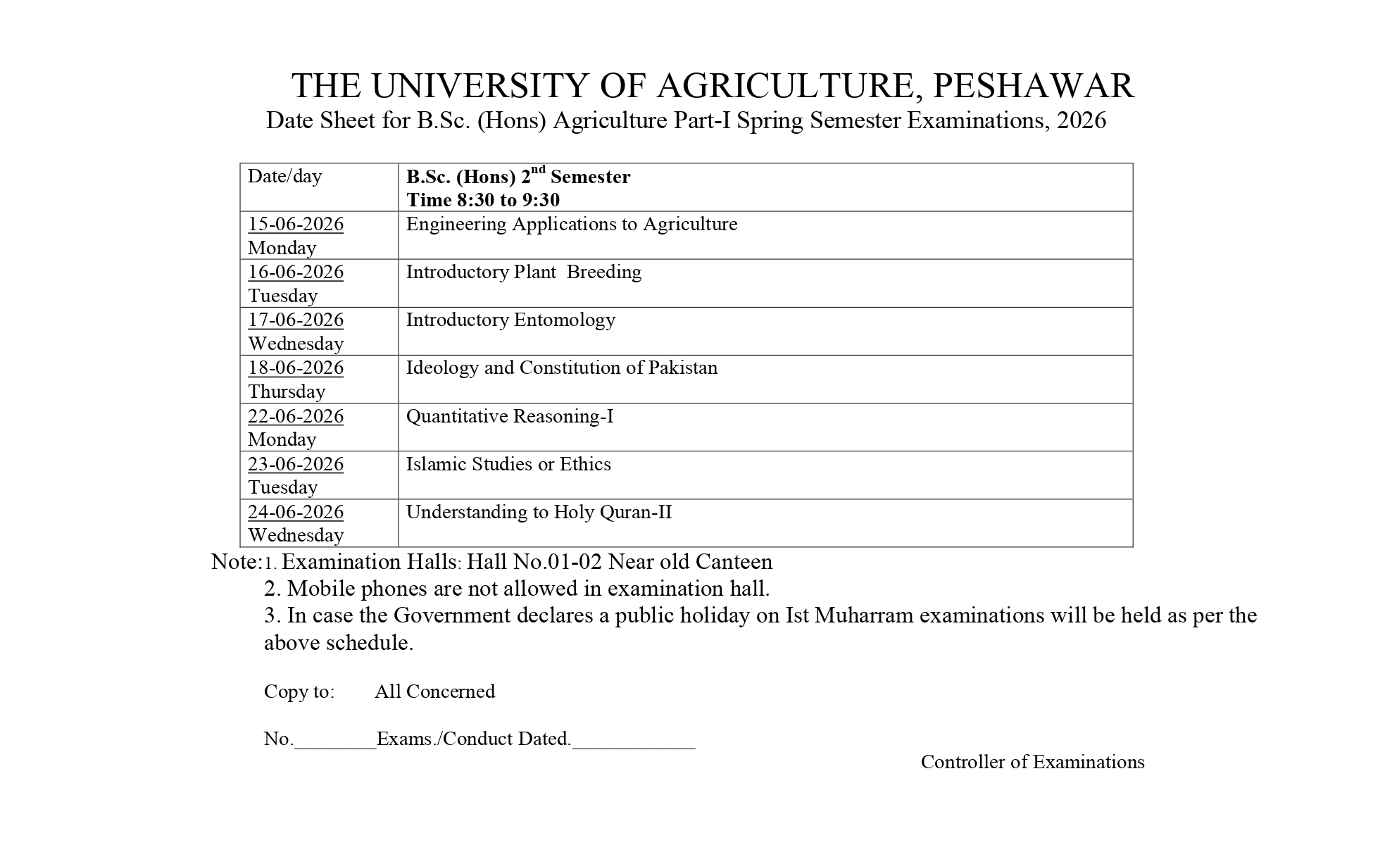 UAP Releases BSc Hons Agriculture Part I Spring Semester Date Sheet 2026 UAP Releases BSc Hons Agriculture Part I Spring Semester Date Sheet 2026