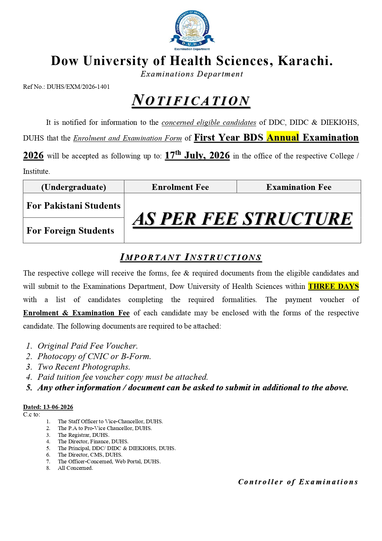 DUHS Enrollment & Exam Form Notice 2026 for BDS Students Released DUHS Enrollment & Exam Form Notice 2026 for BDS Students Released