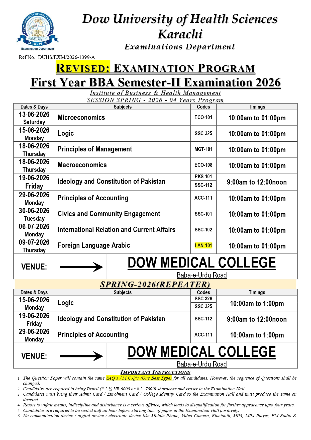 DUHS Confirms Revised Date Sheet 2026 for BBA Programs Exams DUHS Confirms Revised Date Sheet 2026 for BBA Programs Exams