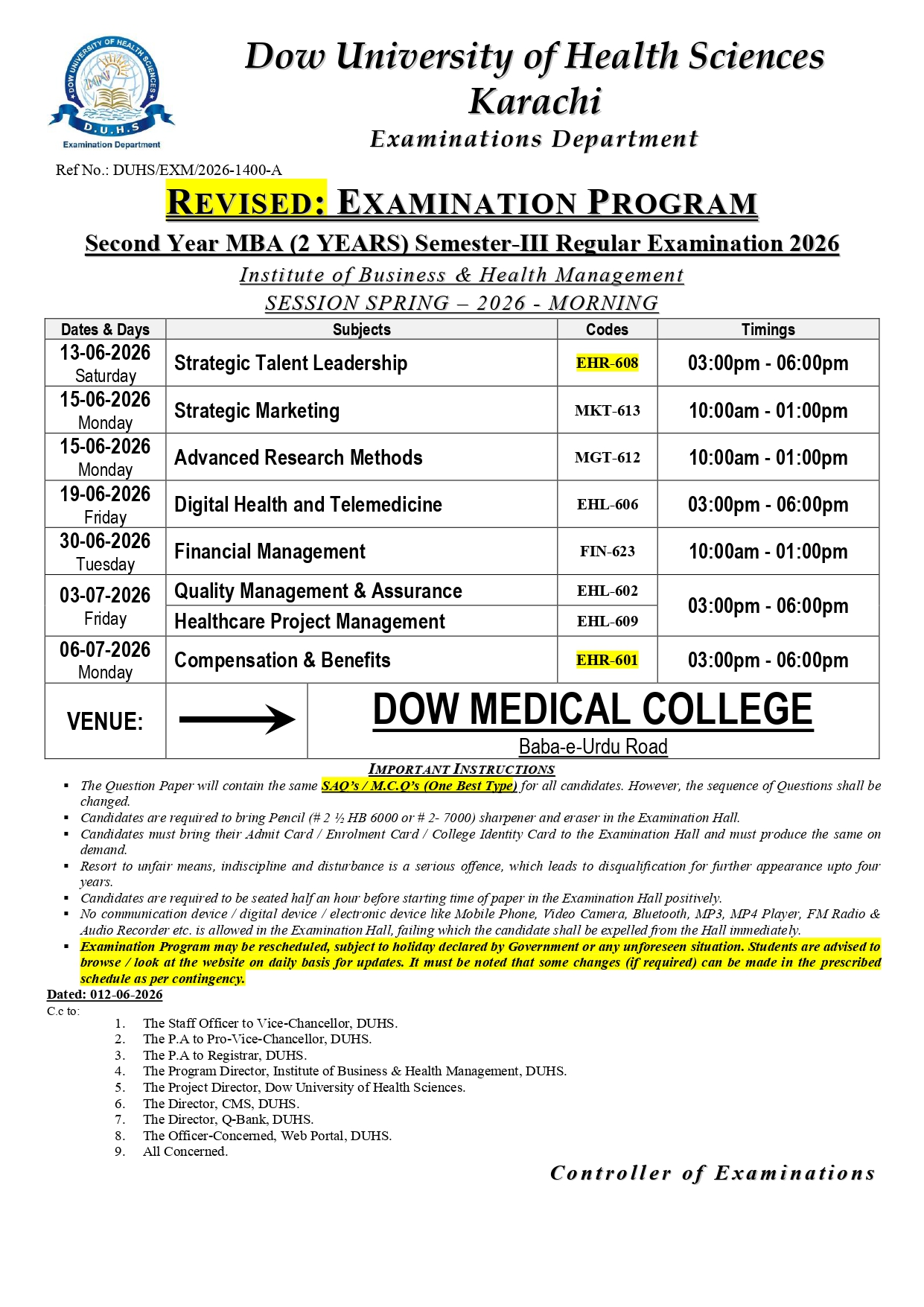 DUHS Issued MBA Programs Exams Revised Date Sheet 2026 DUHS Issued MBA Programs Exams Revised Date Sheet 2026