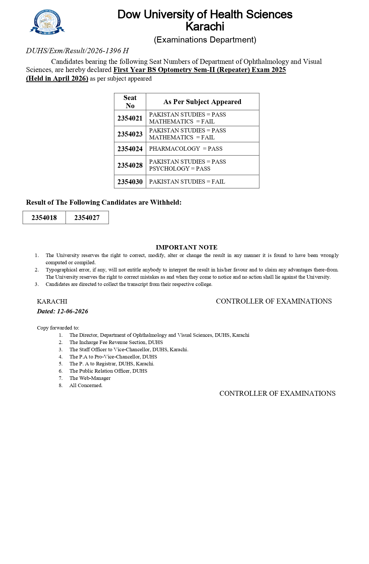 DUHS Result 2026 Announced for BS Optometry Exams DUHS Result 2026 Announced for BS Optometry Exams