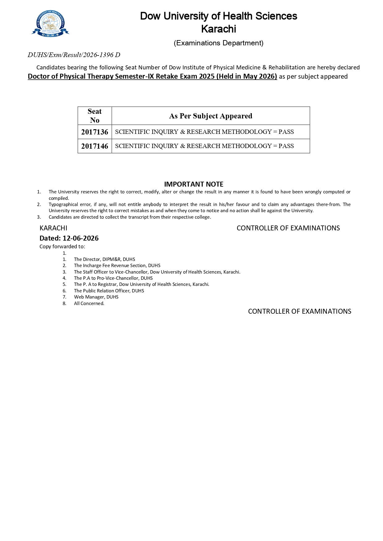 DUHS Result 2026 Published for DPT Semester IX Retake Exam DUHS Result 2026 Published for DPT Semester IX Retake Exam