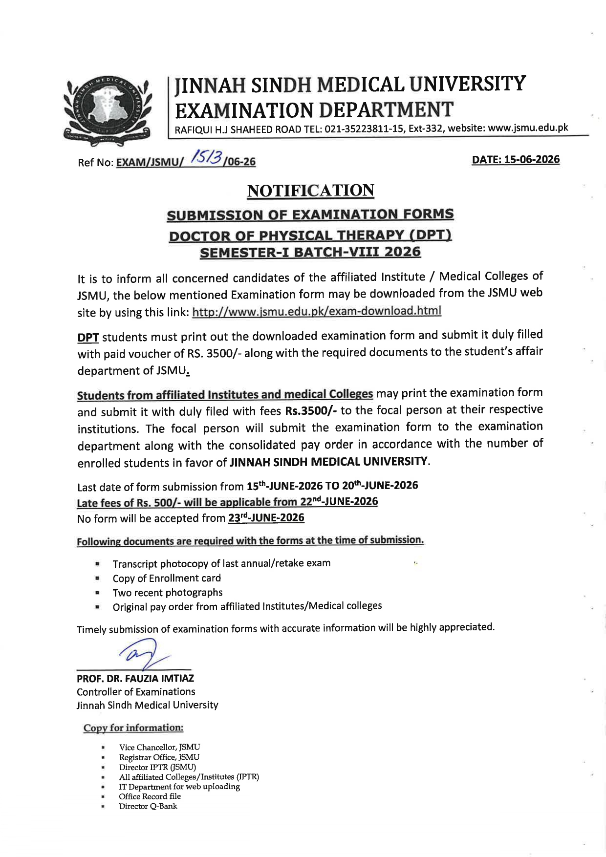 JSMU Announces DPT Sem I Batch VIII Exam Form Submission Notice 2026 JSMU Announces DPT Sem I Batch VIII Exam Form Submission Notice 2026