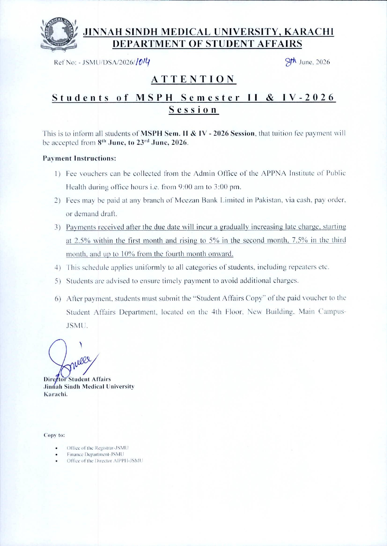 JSMU Fee Notice 2026 Issued for MSPH Semester II & IV JSMU Fee Notice 2026 Issued for MSPH Semester II & IV