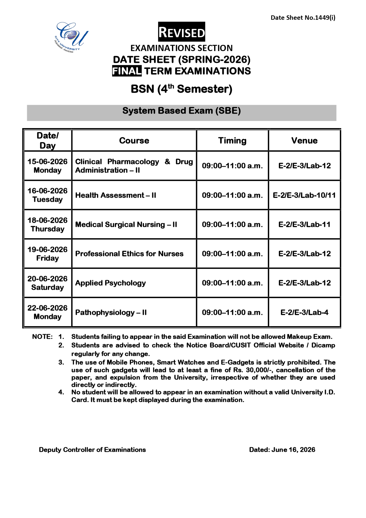 CUSIT Revises BSN 4th Semester Final Term Exams Date Sheet 2026 CUSIT Revises BSN 4th Semester Final Term Exams Date Sheet 2026