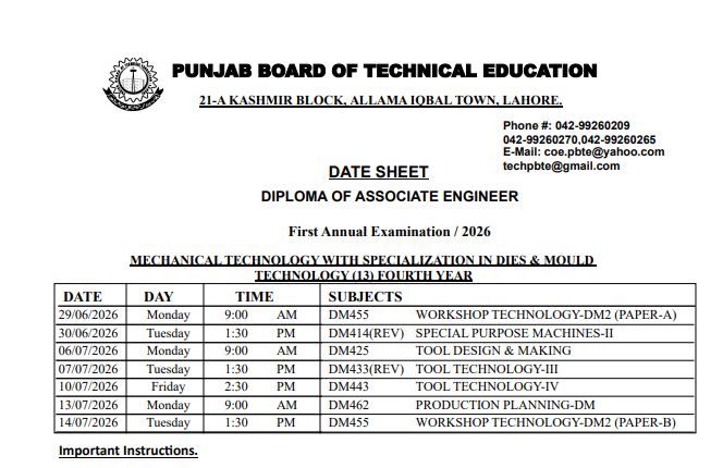 PBTE DAE Mechanical Tech Exam 2026 Date Sheet