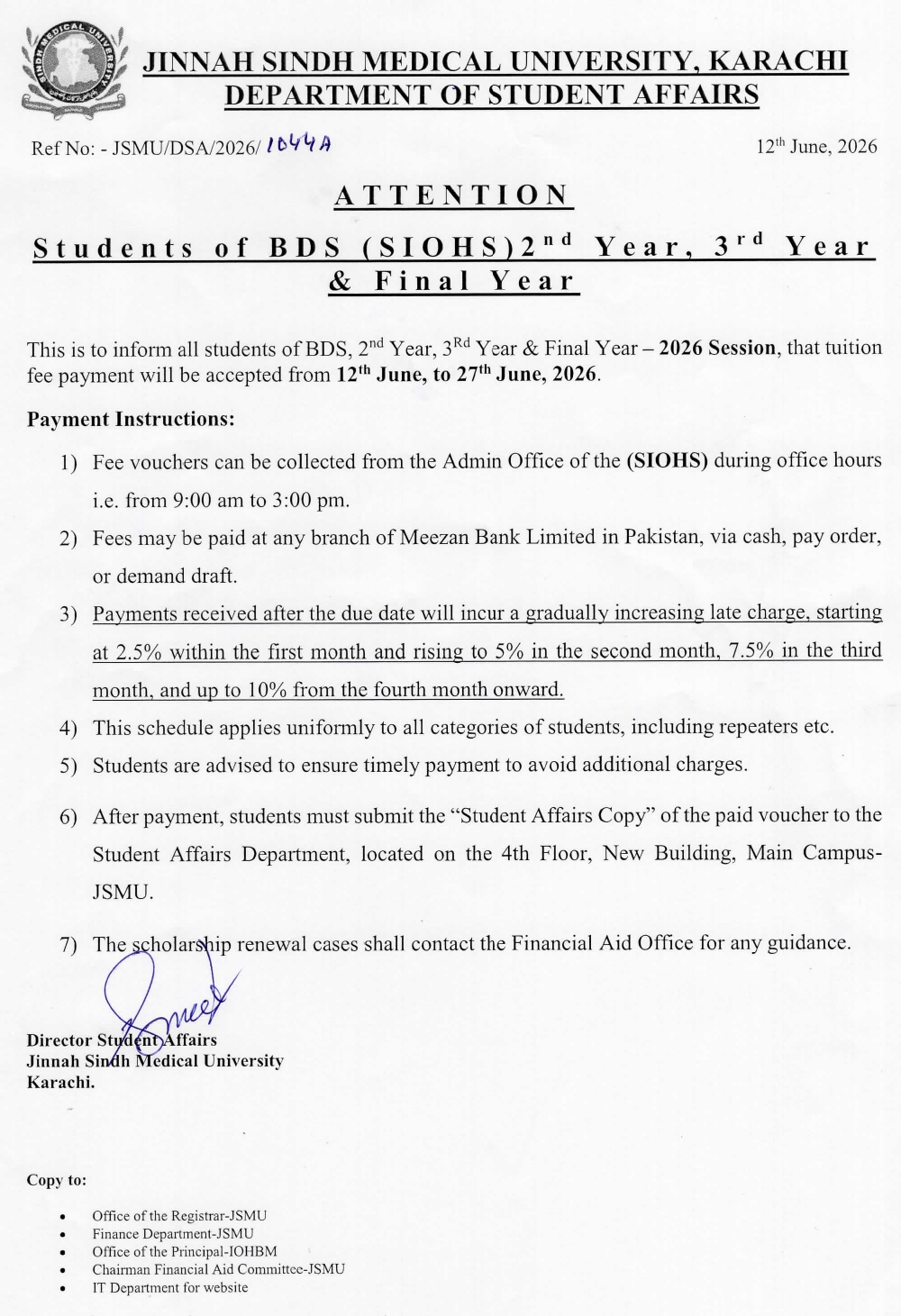 JSMU Fee Notice 2026 Issued for BDS 2nd, 3rd and Final Year Students JSMU Fee Notice 2026 Issued for BDS 2nd, 3rd and Final Year Students