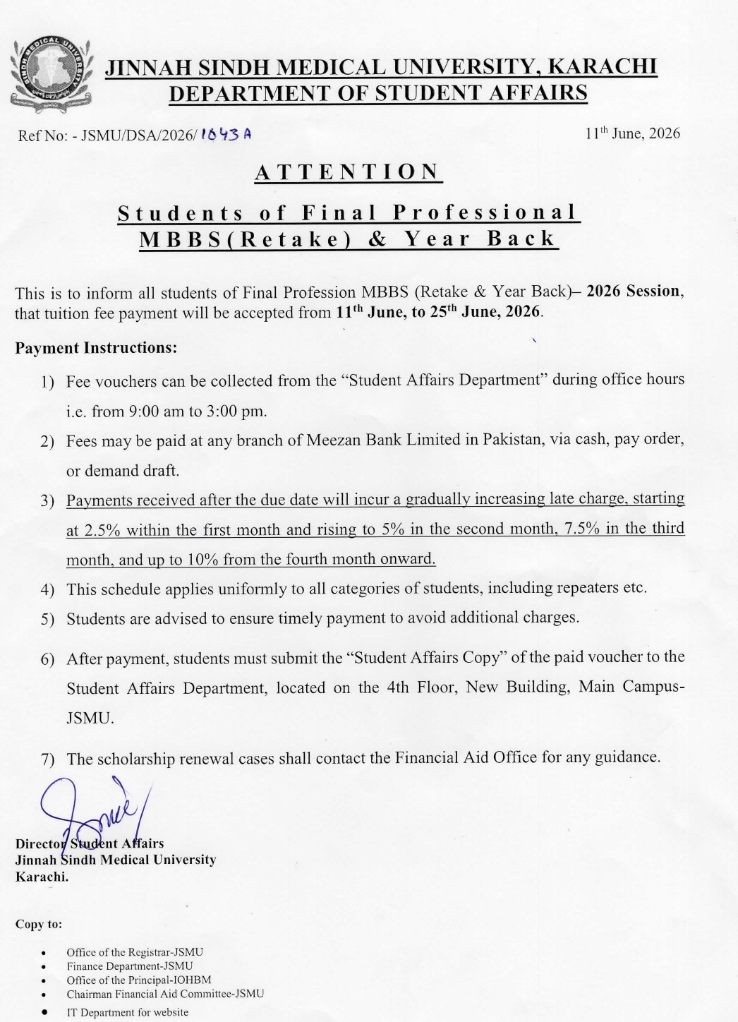 JSMU Fee Notice 2026 Released for Final Prof MBBS Retake & YB Exams JSMU Fee Notice 2026 Released for Final Prof MBBS Retake & YB Exams
