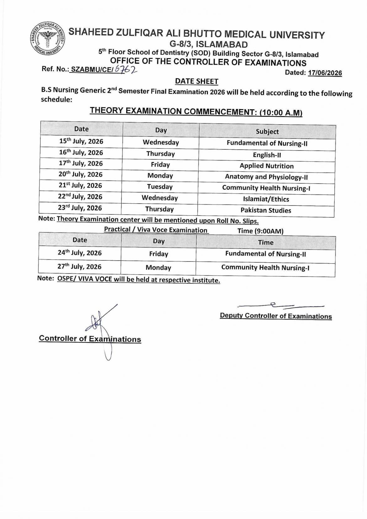SZABMU Date Sheet 2026 Released for BSN Generic 2nd, 4th, 5th and 7th Semesters SZABMU Date Sheet 2026 Released for BSN Generic 2nd, 4th, 5th and 7th Semesters