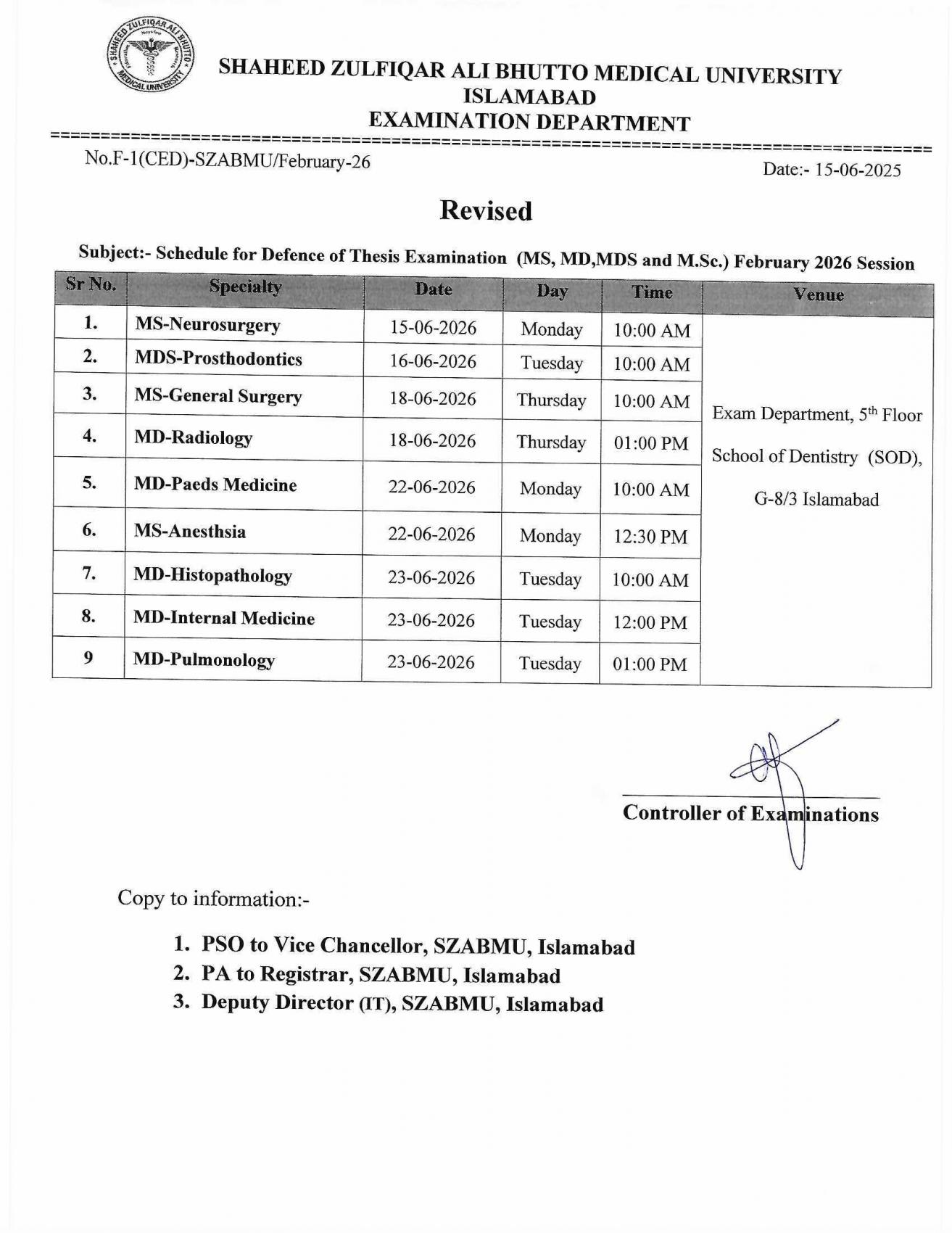 SZABMU Announces Revised Schedule for MS, MD & MDS Thesis Defence Exams 2026 SZABMU Announces Revised Schedule for MS, MD & MDS Thesis Defence Exams 2026