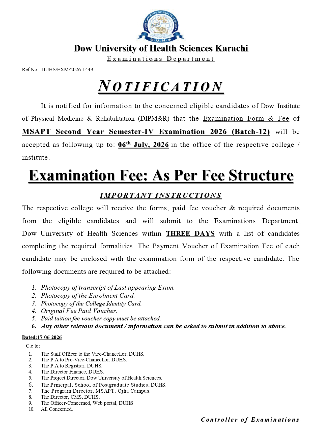 DUHS Exam Form & Fee Notice 2026 Issued for MSAPT 2nd Year Sem IV Exams DUHS Exam Form & Fee Notice 2026 Issued for MSAPT 2nd Year Sem IV Exams