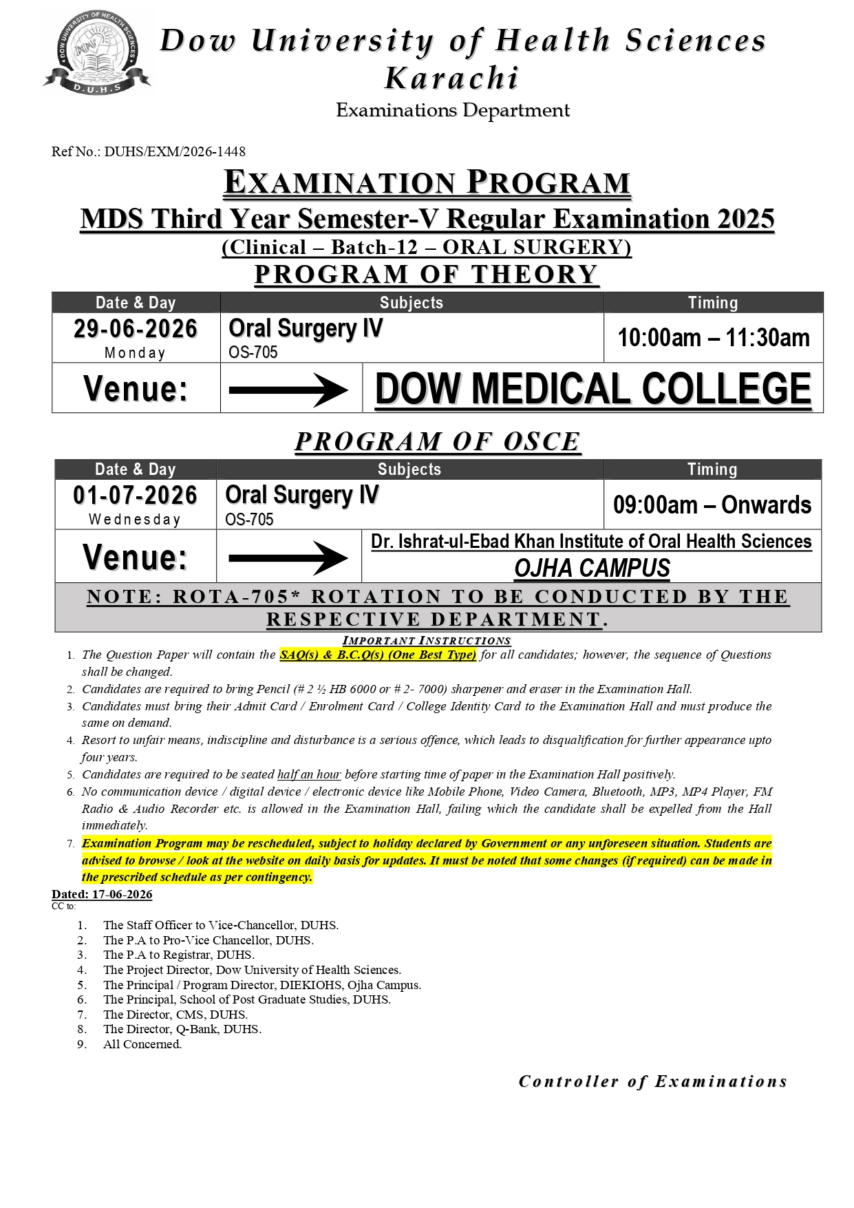 DUHS Date Sheet 2026 Released for MDS 3rd Year Sem V Oral Surgery Exams DUHS Date Sheet 2026 Released for MDS 3rd Year Sem V Oral Surgery Exams