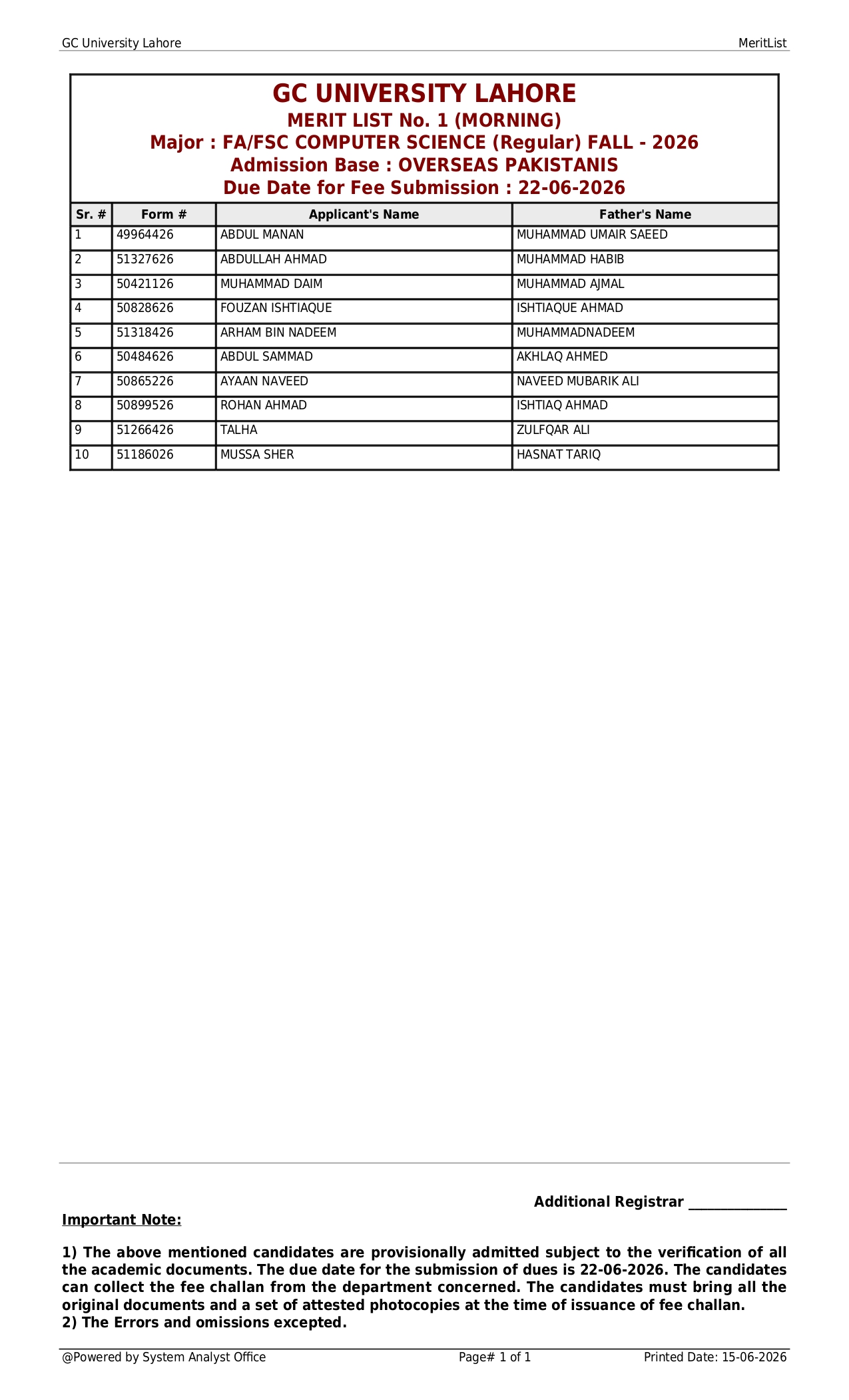 GCU Merit List 2026 Released for Intermediate Programs Fall Admissions GCU Merit List 2026 Released for Intermediate Programs Fall Admissions