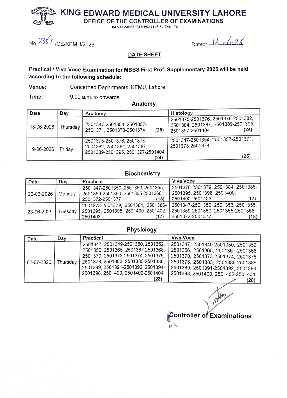 KEMU Date Sheet 2026 Released for MBBS 1st Prof Supplementary Practical Exams KEMU Date Sheet 2026 Released for MBBS 1st Prof Supplementary Practical Exams