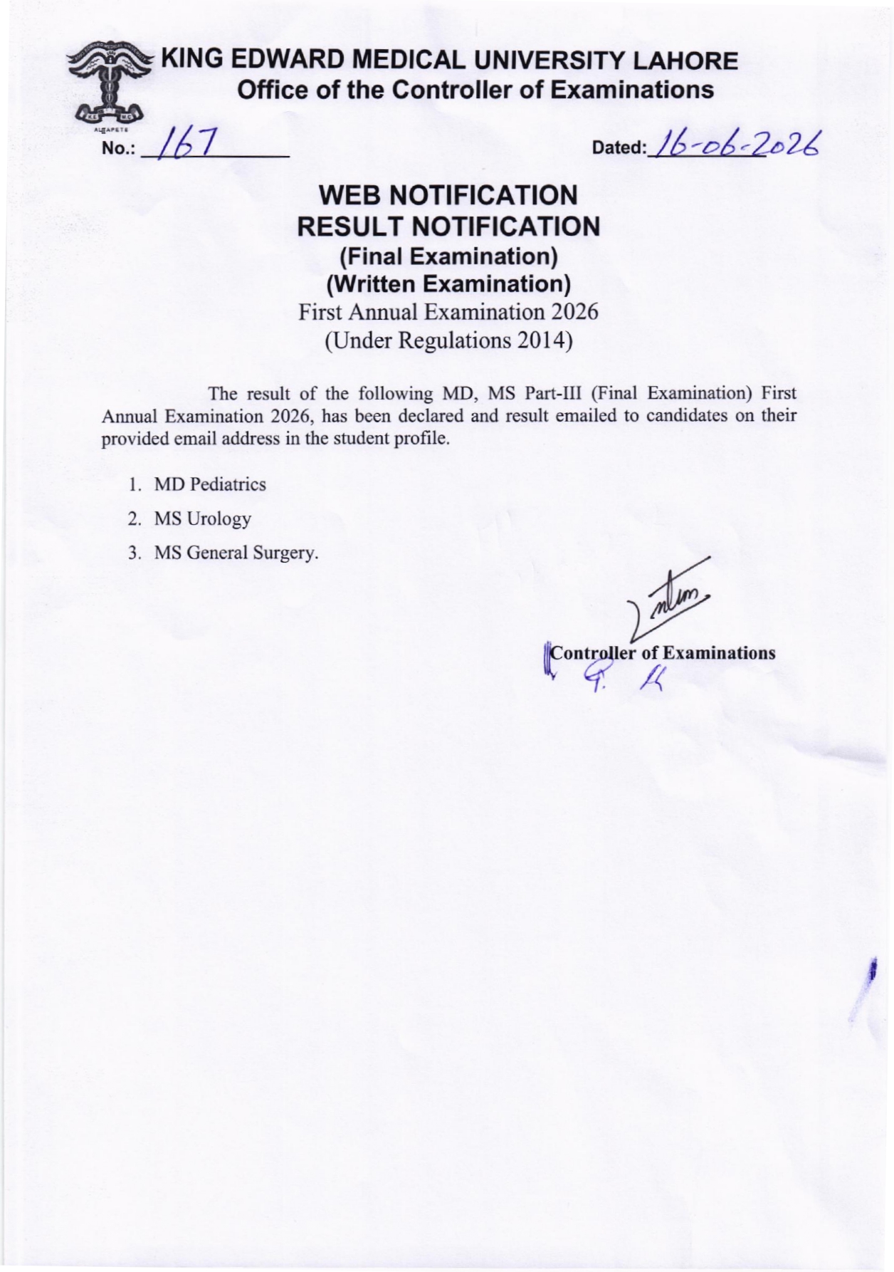 KEMU Result for MD, MS Part III Final Written 1st Annual Exam 2026 Released KEMU Result for MD, MS Part III Final Written 1st Annual Exam 2026 Released