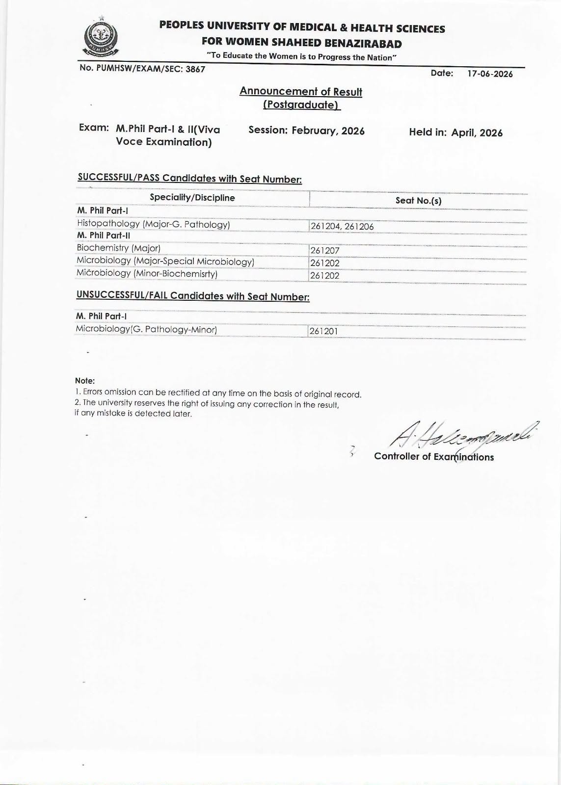 PUMHS Result 2026 Announced for MPhil Part I & II Viva Voce Exams PUMHS Result 2026 Announced for MPhil Part I & II Viva Voce Exams