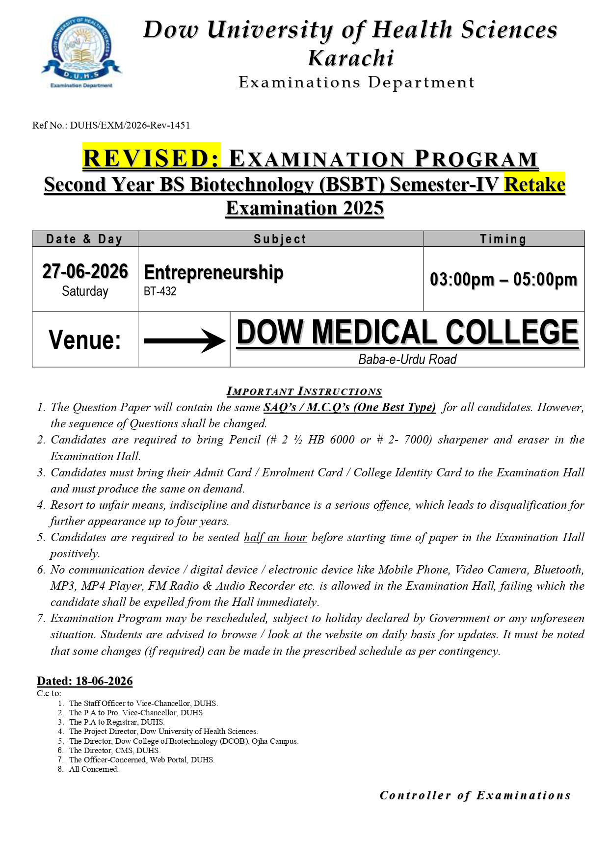 DUHS 2nd Year BSBT Semester IV Retake Date Sheet 2026 Announced DUHS 2nd Year BSBT Semester IV Retake Date Sheet 2026 Announced
