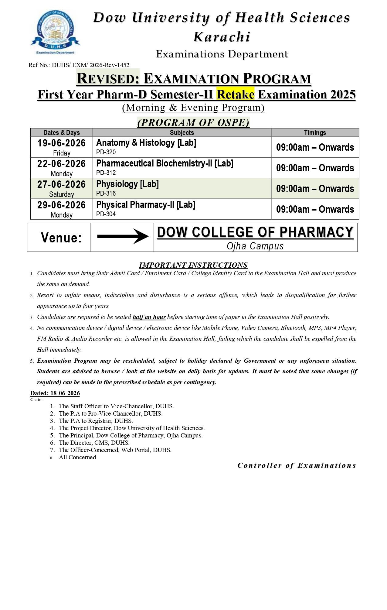 DUHS PharmD Semester II Retake OSPE Date Sheet 2026 Published DUHS PharmD Semester II Retake OSPE Date Sheet 2026 Published