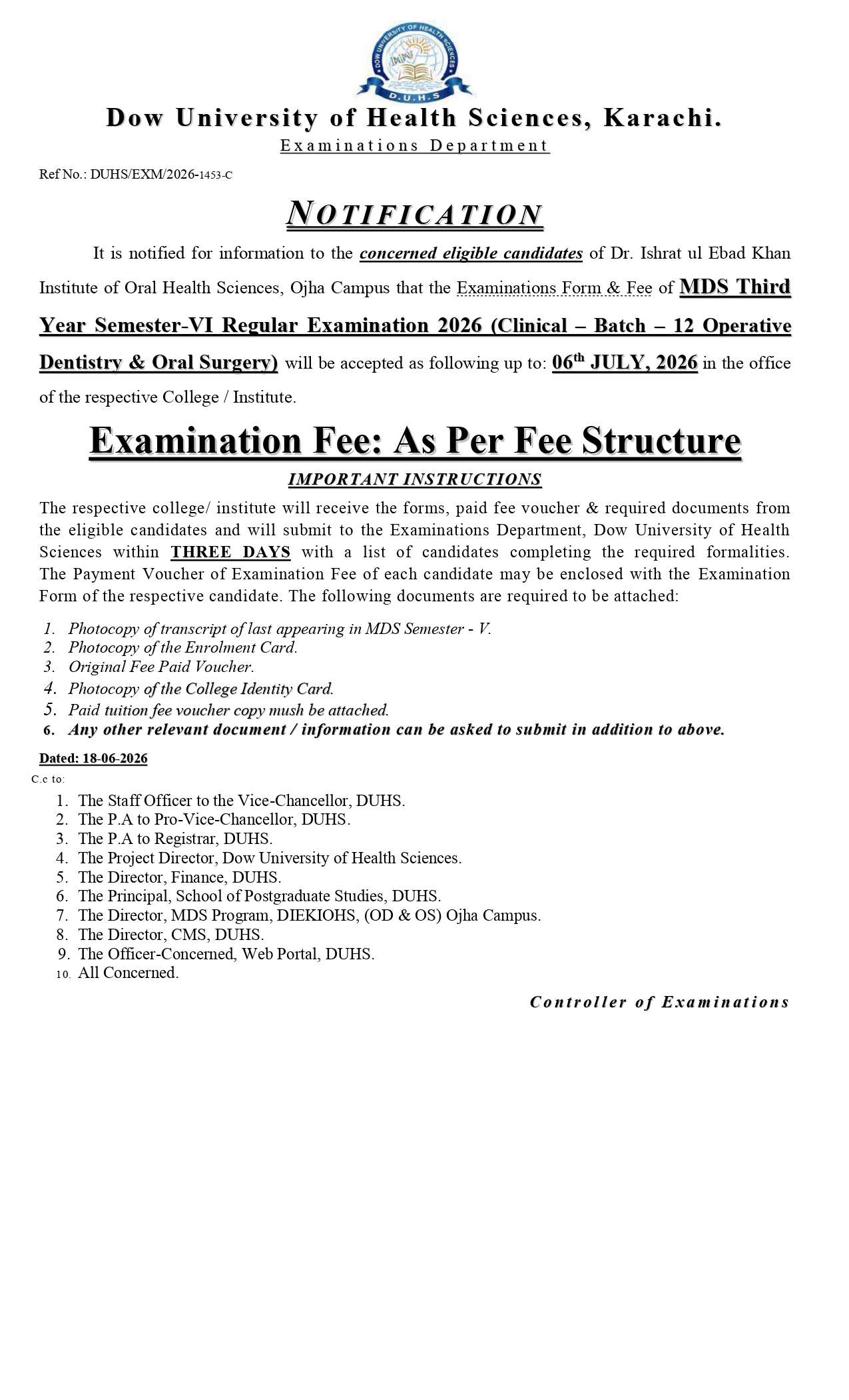 DUHS Exam Form & Fee Notice 2026 for MDS Programs Released DUHS Exam Form & Fee Notice 2026 for MDS Programs Released
