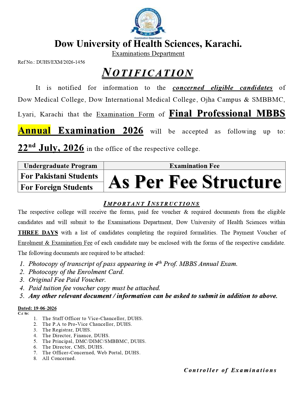 DUHS Exam Form & Fee Notice 2026 for MBBS Final Year DUHS Exam Form & Fee Notice 2026 for MBBS Final Year