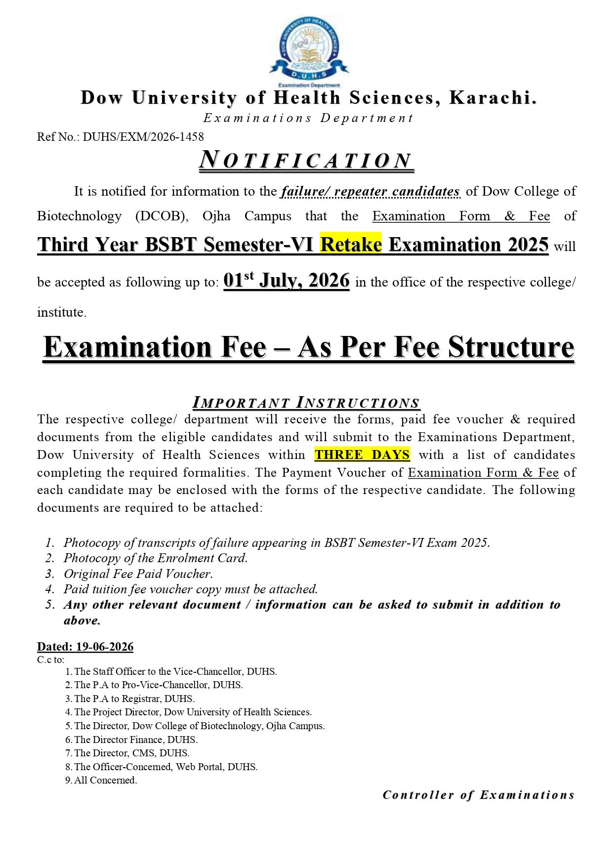 DUHS BSBT Semester VI Retake Exam Form & Fee Notice 2026 Released DUHS BSBT Semester VI Retake Exam Form & Fee Notice 2026 Released