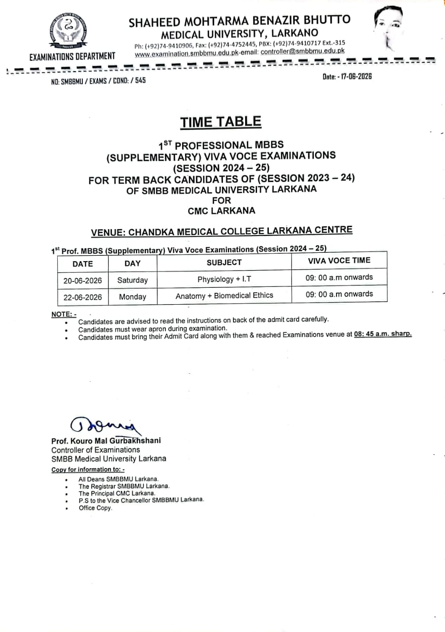 SMBBMU Exam Schedule 2026 for 1st Prof MBBS Viva Voce Released SMBBMU Exam Schedule 2026 for 1st Prof MBBS Viva Voce Released
