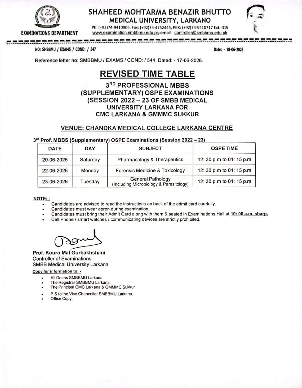 SMBBMU Issues Revised Date Sheet for 3rd Prof MBBS OSPE Exams 2026 SMBBMU Issues Revised Date Sheet for 3rd Prof MBBS OSPE Exams 2026